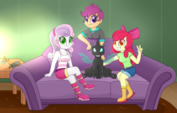 Size: 3939x2512 | Tagged: safe, apple bloom, scootaloo, sweetie belle, oc, oc:beebee, changeling, fanfic:the bug in the basement, equestria girls, spoiler:fanfic, cutie mark crusaders, fanfic art, looking at you, sitting, smiling, sofa