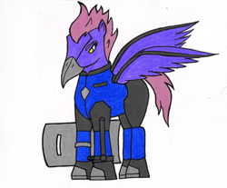 Size: 1175x973 | Tagged: safe, artist:assertiveshypony, oc, oc:angel delvass, pegasus, barely pony related, baton, clothes, drawing, face mask, female, long description, pegasus oc, shield, simple background, uniform, white background, wings