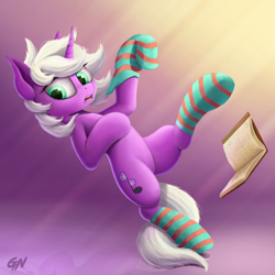 Size: 1500x1500 | Tagged: safe, artist:foxpit, oc, oc only, unicorn, book, clothes, commission, female, horn, mare, simple background, socks, solo, stockings, striped socks