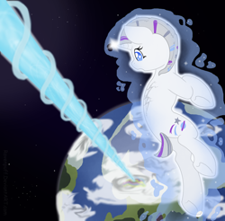 Size: 1058x1042 | Tagged: safe, artist:ravenpuff, oc, oc only, oc:star shot, pony, unicorn, earth, female, flying, glowing horn, horn, laser, levitation, magic, mare, self-levitation, shot seen around the world, solo, telekinesis, underhoof, unicorn oc