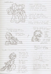 Size: 1027x1484 | Tagged: safe, artist:ravenpuff, oc, oc only, oc:haas, crystal pony, ghoul, undead, zebra, fallout equestria, crystal, lineart, lined paper, monochrome, reference sheet, solo, text, traditional art, zebra oc