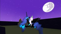 Size: 1024x575 | Tagged: safe, alternate version, artist:undeadponysoldier, nightmare moon, spike, alicorn, dragon, pony, 3d, canterlot, cute, female, flying, full moon, gift art, gmod, happy, hoof shoes, male, mare, mare in the moon, midnight, moon, peytral, riding, shipping, spikabetes, spikemoon, stars, straight, weeeeeeee