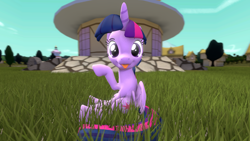 Size: 1280x720 | Tagged: safe, artist:mrm, twilight sparkle, twilight sparkle (alicorn), alicorn, 3d, :p, cute, female, grass, looking at you, mare, ponyville, sitting, source filmmaker, tongue out, twiabetes