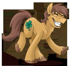 Size: 800x724 | Tagged: artist needed, source needed, safe, oc, oc:charmed clover, earth pony, pony, earth pony oc, eyes closed, grin, male, smiling, solo, stallion, underhoof, unshorn fetlocks, walking