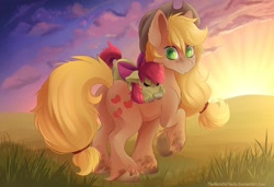 Size: 1280x874 | Tagged: safe, artist:thenornonthego, derpibooru import, apple bloom, applejack, earth pony, pony, adorabloom, cowboy hat, cute, eyes closed, female, grass, grass field, hat, jackabetes, siblings, sisters, sleeping, smiling, stetson, unshorn fetlocks