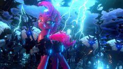 Size: 3840x2160 | Tagged: safe, artist:sceathlet, tempest shadow, pony, unicorn, my little pony: the movie, 3d, armor, broken horn, electricity magic, female, glowing horn, high res, horn, lidded eyes, lightning, mare, rain, shield, spear, storm guard, weapon, wet