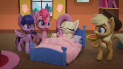 Size: 1920x1080 | Tagged: safe, derpibooru import, screencap, applejack, fluttershy, pinkie pie, twilight sparkle, twilight sparkle (alicorn), alicorn, earth pony, pegasus, pony, my little pony: pony life, my little pony: stop motion short, rainy day puddle play, bed, sick, stop motion