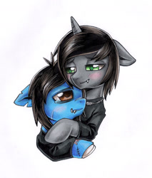 Size: 1417x1660 | Tagged: safe, artist:ailish, pony, undead, unicorn, zombie, zombie pony, bloodshot eyes, blushing, bone, bring me the horizon, bust, clothes, colored pupils, commission, crying, disguise, disguised siren, fangs, floppy ears, gay, horn, hug, jewelry, kellin quinn, lip piercing, male, necklace, oliver sykes, piercing, ponified, scar, shirt, simple background, sleeping with sirens, slit eyes, stallion, stitches, t-shirt, tattoo, torn ear, traditional art, white background, ych result