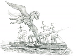 Size: 1400x1033 | Tagged: safe, artist:baron engel, oc, oc:sky brush, pegasus, pony, flying, male, monochrome, pencil drawing, ship, stallion, story included, traditional art