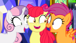 Size: 1366x768 | Tagged: safe, screencap, apple bloom, scootaloo, sweetie belle, earth pony, pegasus, pony, unicorn, growing up is hard to do, adorabloom, cute, cutealoo, cutie mark crusaders, diasweetes, female, looking at each other, mare, older, older apple bloom, older cmc, older scootaloo, older sweetie belle, smiling
