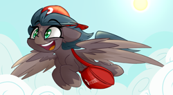 Size: 3000x1656 | Tagged: safe, artist:nekro-led, oc, oc only, oc:five star, pegasus, pony, bag, cap, cloud, coat markings, courier, cute, delivery pony, female, flying, hat, mare, open mouth, shading, solo