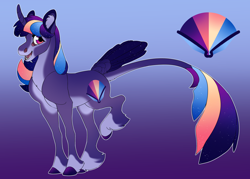 Size: 4616x3300 | Tagged: safe, artist:turnipberry, oc, oc only, oc:rainbow pages, pony, unicorn, commission, cutie mark, female, gradient background, leonine tail, magical lesbian spawn, mare, next generation, offspring, parent:rainbow dash, parent:twilight sparkle, parents:twidash, purple background, raised hoof, simple background, socks (coat marking), solo, tail feathers, unshorn fetlocks