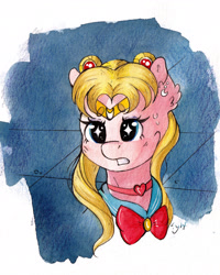 Size: 3062x3828 | Tagged: safe, artist:lightisanasshole, oc, earth pony, pony, bangs, bow, bust, clothes, concerned, ear piercing, earring, jewelry, meme, necklace, piercing, ponified, ponytail, sailor moon, sailor moon redraw meme, serena tsukino, solo, traditional art, uniform, watercolor painting