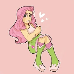 Size: 500x500 | Tagged: safe, artist:hollychuchu, fluttershy, equestria girls, cute, female, heart, pink background, shyabetes, simple background, sitting, solo