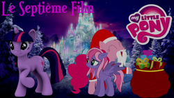 Size: 1920x1080 | Tagged: safe, artist:rose80149, derpibooru import, pinkie pie, starsong, twilight sparkle, earth pony, pony, g4, crystal snow castle, present, sack, santa claus, winter, wonderland