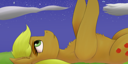 Size: 1600x800 | Tagged: safe, artist:guatergau5, derpibooru import, applejack, earth pony, pony, chest fluff, looking at each other, on back