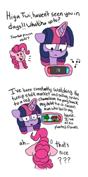 Size: 3024x6048 | Tagged: safe, artist:pink-pone, derpibooru import, pinkie pie, twilight sparkle, alicorn, earth pony, pony, animal crossing, comic, levitation, magic, nintendo switch, telekinesis