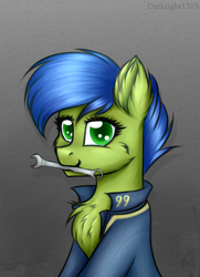 Size: 1144x1584 | Tagged: safe, artist:darklight1315, oc, oc only, oc:scotch tape, earth pony, pony, fallout equestria, fallout equestria: project horizons, chest fluff, cute, fanfic art, mouth hold, solo, wrench