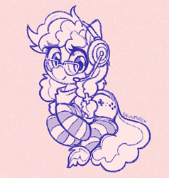 Size: 634x665 | Tagged: safe, artist:dawnfire, oc, oc only, oc:cinnabyte, earth pony, pony, adorkable, clothes, cute, doodle, dork, gaming headset, glasses, headset, monochrome, patreon, patreon reward, smiling, socks, solo, striped socks