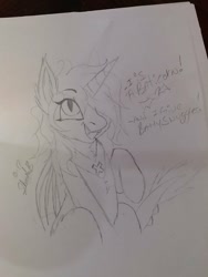 Size: 1080x1440 | Tagged: safe, artist:_wulfie, oc, oc only, oc:ember, alicorn, bat pony, bat pony alicorn, pony, bat wings, fangs, female, horn, lineart, mare, raised hoof, smiling, solo, talking, traditional art, wings