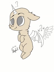 Size: 1080x1440 | Tagged: safe, artist:_wulfie, oc, oc only, alicorn, bat pony, bat pony alicorn, pony, bat wings, chest fluff, commission, confused, horn, question mark, signature, solo, wings, your character here