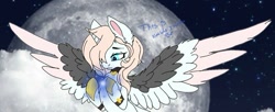 Size: 799x327 | Tagged: safe, artist:_wulfie, oc, oc only, alicorn, pony, alicorn oc, cropped, ear fluff, glowing hooves, hair over one eye, horn, moon, night, sfe, solo, spread wings, stars, wings