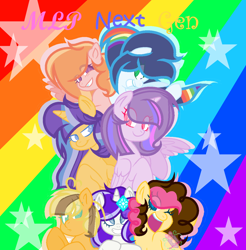 Size: 1200x1220 | Tagged: safe, artist:emeraldjeweltm, artist:sparkleheartyrose24, oc, oc only, oc:apple aurora, oc:diamond star, oc:lightning blaze, oc:lizzie apple, oc:party blow, oc:sparkling starsky, oc:speed star, alicorn, earth pony, pegasus, pony, unicorn, alicorn oc, base used, colored pupils, earth pony oc, eye clipping through hair, female, horn, offspring, parent:applejack, parent:big macintosh, parent:caramel, parent:cheese sandwich, parent:fancypants, parent:flash sentry, parent:fluttershy, parent:pinkie pie, parent:rainbow dash, parent:rarity, parent:soarin', parent:twilight sparkle, parents:carajack, parents:cheesepie, parents:flashlight, parents:fluttermac, parents:raripants, parents:soarindash, pegasus oc, rainbow background, starry background, stars, unicorn oc, wings