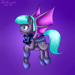 Size: 3000x3000 | Tagged: safe, artist:brilliant-luna, oc, oc:frigus skies, bat pony, armor, cheek fluff, ear fluff, fangs, leg fluff, night guard armor, purple background, simple background