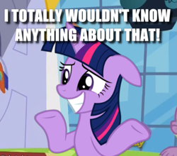 Size: 871x767 | Tagged: safe, edit, edited screencap, screencap, twilight sparkle, twilight sparkle (alicorn), alicorn, amending fences, blatant lies, caption, cropped, image macro, meme, shrug, solo focus, text