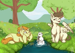 Size: 1280x900 | Tagged: safe, artist:wonderblue, angel bunny, pound cake, pumpkin cake, pegasus, pony, unicorn, brother and sister, cake twins, cheek squish, colt, cute, ear fluff, female, filly, flower, flower in hair, male, older, older pound cake, older pumpkin cake, open mouth, river, siblings, squishy cheeks, stream, tree, twins