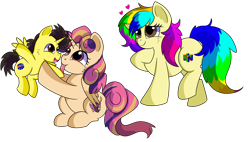 Size: 1280x728 | Tagged: safe, artist:rainbowtashie, apple bloom, dinky hooves, scootaloo, sweetie belle, oc, oc:princess young heart, oc:rainbow tashie, oc:tommy the human, alicorn, earth pony, pony, alicorn oc, alicorn princess, australia, australian, colt, commissioner:bigonionbean, cousins, cute, cutie mark, dawwww, female, fusion, fusion:princess young heart, hug, male, mare, nintendo 64, simple background, transparent background, writer:bigonionbean