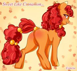 Size: 771x709 | Tagged: safe, artist:esmeia, oc, oc only, oc:cinnamon crisp, earth pony, pony, earth pony oc, female, heart, looking back, mare, smiling, solo