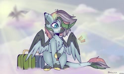 Size: 1080x647 | Tagged: safe, artist:dxggy_tearz, oc, oc only, oc:blue gates, pegasus, pony, cloud, colored hooves, on a cloud, pegasus oc, signature, solo, suitcase, two toned wings, wings