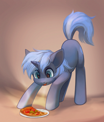 Size: 2000x2359 | Tagged: safe, artist:koviry, oc, oc only, oc:paamayim nekudotayim, pony, unicorn, eyes on the prize, face down ass up, food, pizza, plate, simple background, solo, tongue out