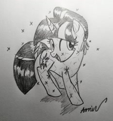 Size: 2751x2958 | Tagged: safe, artist:c.a.m.e.l.l.i.a, twilight sparkle, unicorn twilight, unicorn, black and white, crystal twilight, cute, grayscale, looking back, monochrome, shine, traditional art