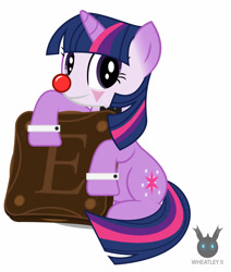 Size: 1112x1312 | Tagged: safe, artist:wheatley r.h., derpibooru exclusive, oc, oc only, oc:twi clown, unicorn, bowtie, clown, clown makeup, clown nose, cookie, female, food, giant cookie, happy, holding, mane, mare, mexico, simple background, solo, vector, watermark, white background