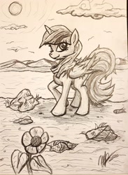 Size: 2100x2870 | Tagged: safe, artist:artponymdp, twilight sparkle, twilight sparkle (alicorn), alicorn, pony, flower, monochrome, solo, traditional art