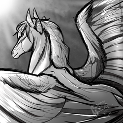 Size: 1000x1000 | Tagged: safe, artist:depixelator, oc, oc:mr.flap flap, horse, pegasus, abstract, digital art, flying, monochrome, pterippus, sketch, sky, wing ears, wings