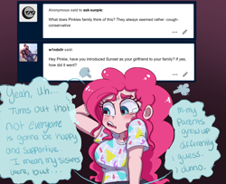 Size: 1280x1040 | Tagged: safe, artist:ask-sunpie, artist:wimsie, derpibooru import, pinkie pie, human, ask, blouse, clothes, dialogue, humanized, implied homophobia, implied sunsetpie, pants, scratching, tumblr:ask sunpie