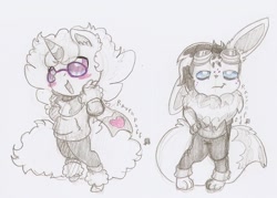 Size: 1005x719 | Tagged: safe, artist:ravenpuff, oc, oc:puffy, oc:umbreow, anthro, pony, unicorn, chest fluff, clothes, eevee, female, galarian ponyta, glasses, mare, monochrome, neo noir, partial color, pokémon, ponyta, scarf, species swap, sweater, traditional art