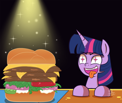 Size: 1650x1400 | Tagged: safe, artist:feralroku, twilight sparkle, pony, borgarposting, burger, cheeseburger, eyes on the prize, female, food, hamburger, hamburger day, mare, meat, napkin, open mouth, ponies eating meat, solo, starry eyes, that pony sure does love burgers, tongue out, twilight burgkle, wingding eyes