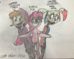 Size: 680x545 | Tagged: safe, derpibooru import, pinkie pie, earth pony, pony, barbara gordon, batgirl, dc superhero girls, harleen quinzell, harley quinn, hug, traditional art