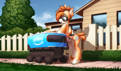 Size: 4000x2346 | Tagged: safe, artist:xn-d, oc, oc only, oc:kiva, pony, robot, robot pony, cute, fence, house, sidewalk