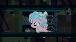 Size: 1920x1080 | Tagged: safe, screencap, cozy glow, pegasus, pony, the summer sun setback, book, bookshelf, canterlot library, cozybetes, curly hair, cute, evil planning in progress, female, filly, flying, foal, freckles, hair bow, intruder, library, looking at something, scroll, searching, sin of greed, sneaking, solo, spread wings