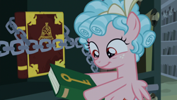 Size: 1920x1080 | Tagged: safe, screencap, cozy glow, pegasus, pony, the summer sun setback, book, bookshelf, canterlot, canterlot library, chains, cozybetes, cute, female, flying, hoof hold, library, scroll, smiling, solo