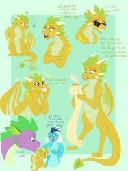 Size: 1280x1707 | Tagged: safe, artist:pastel-charms, princess ember, spike, oc, oc:cinder, dragon, fly, insect, female, offspring, parent:princess ember, parent:spike, parents:emberspike, scroll, sunglasses