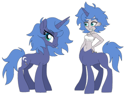 Size: 902x699 | Tagged: safe, artist:unoriginai, edit, oc, oc:selena, centaur, pony, unicorn, bra, cigarette, clothes, crossover, crossover ship offspring, ear piercing, earring, interspecies offspring, jewelry, offspring, parent:princess luna, parent:rick sanchez, piercing, rick and morty, simple background, things breeding that should not breed, transparent background, underwear, updated