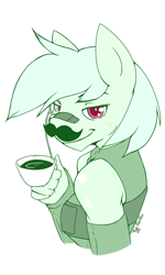 Size: 768x1280 | Tagged: safe, artist:tea-redrex, oc, oc only, oc:bandaid, earth pony, bandaid, bust, clothes, cup, earth pony oc, fake moustache, female, food, limited palette, red eyes, signature, simple background, smiling, solo, tea, teacup, white background