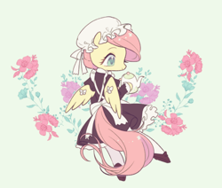 Size: 500x423 | Tagged: safe, artist:kkmrarar, derpibooru import, fluttershy, pegasus, pony, bow, clothes, cute, female, flower, hat, maid, mare, shyabetes, solo, teapot