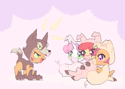 Size: 500x357 | Tagged: safe, artist:kkmrarar, apple bloom, babs seed, scootaloo, sweetie belle, earth pony, pegasus, pony, unicorn, one bad apple, adorababs, adorabloom, animal costume, clothes, costume, cute, cutealoo, cutie mark crusaders, diasweetes, female, filly, pig costume, three little pigs, wolf costume